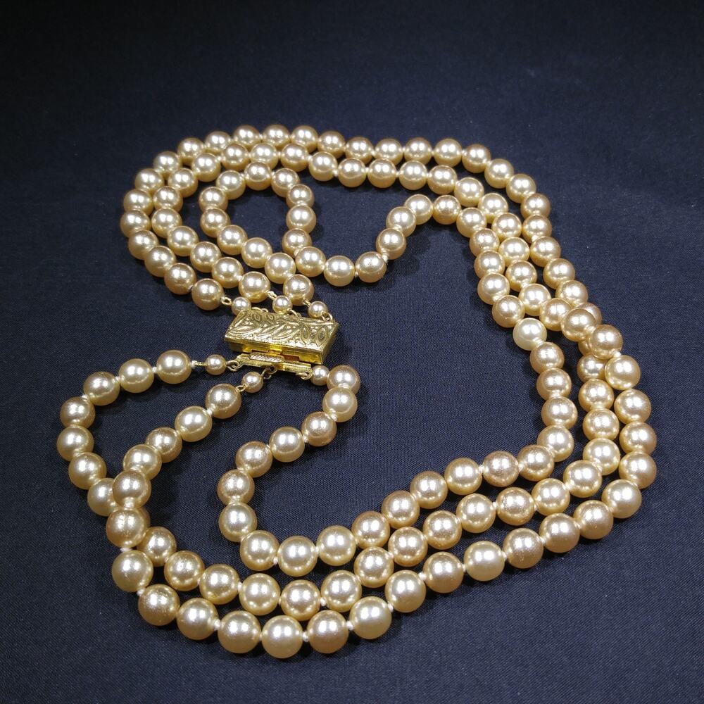 Faux Pearl Champagne Necklace, Three Strands, Glass Pearls 1960s Vintage Jewelry